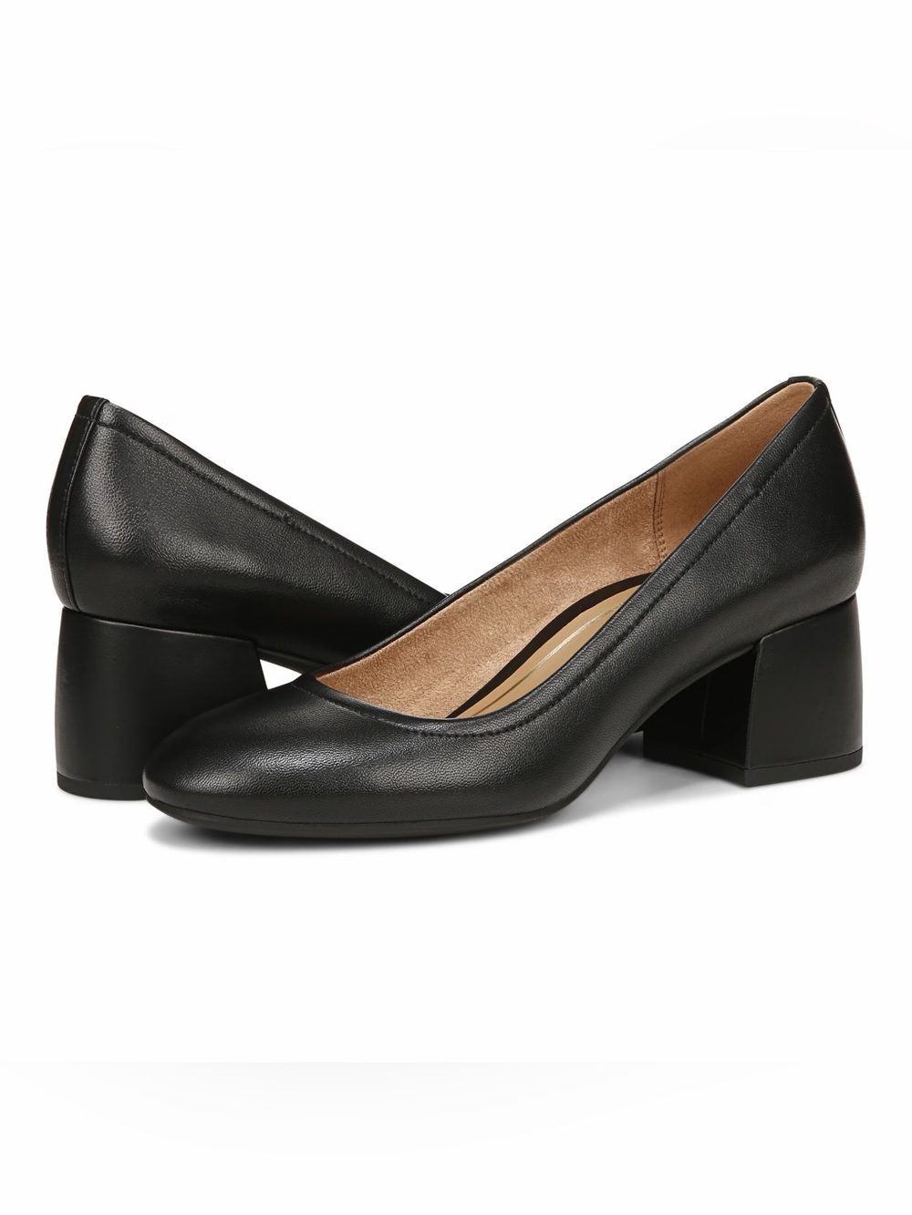 Vionic “Carmel” Pump, Black Nappa Leather with Block Heel, Size 9 W